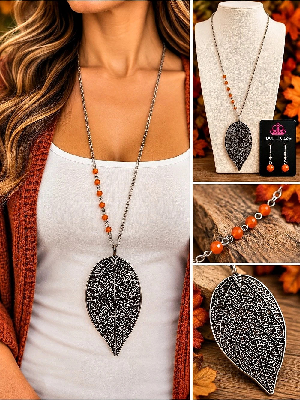 Paparazzi Leaf Pendant Necklace Black & Orange